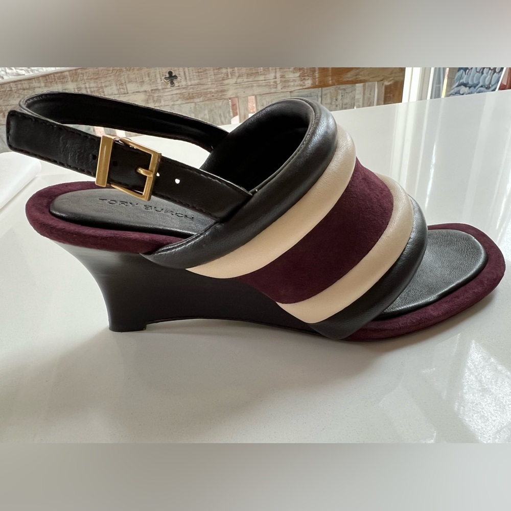 NIB Tory Burch Puffy Wedge Sandals Shoes - Sz 6.5 - Coco/Cream/Port